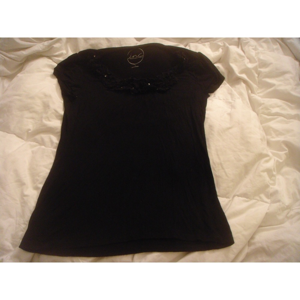 INC womens L black shirt top ruffle neck with rhinestone accents